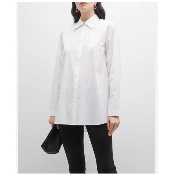 Lafayette 148 New York Shirt Womens M/L White Swiss Dot Button Front Top